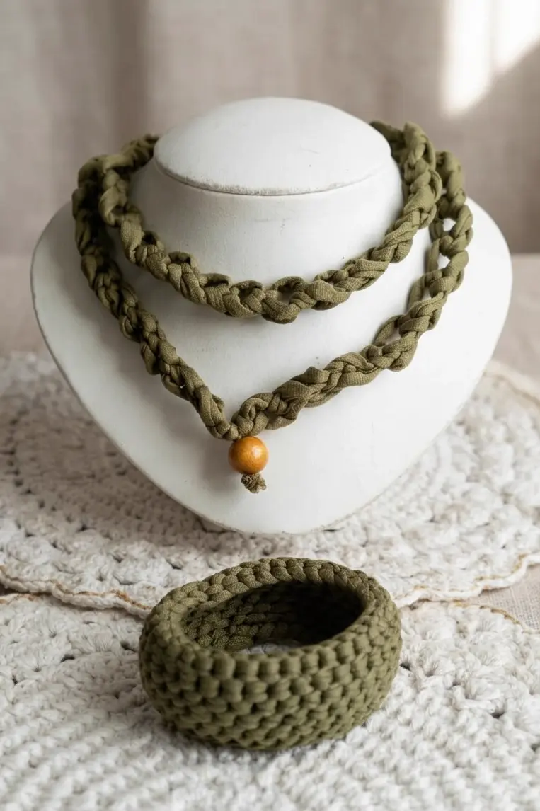 Colar e bracelete em crochê verde oliva