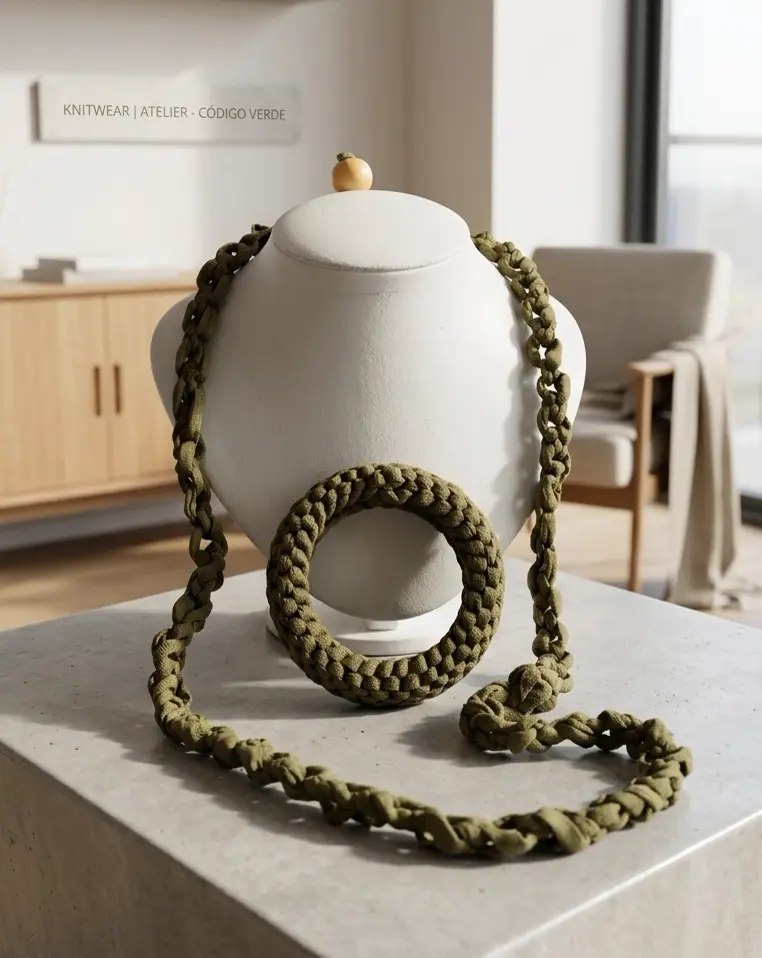 Colar e bracelete em crochê verde militar