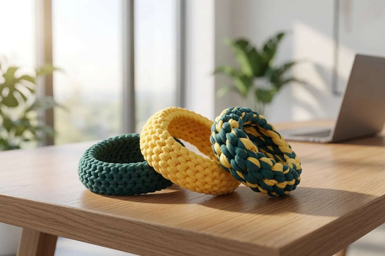 Trio de braceletes em crochê verde e amarelo sobre mesa de madeira