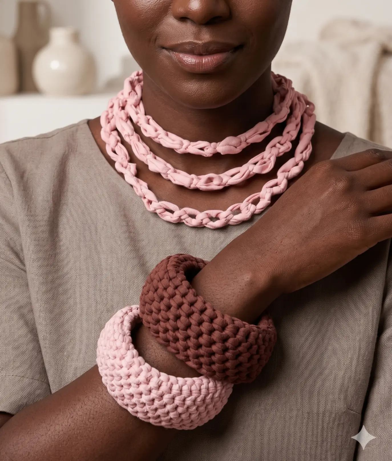 Modelo usando colar e braceletes em crochê rosa e marsala