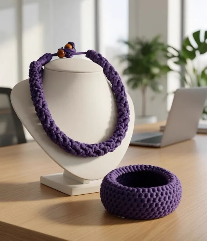 Colar e bracelete em crochê roxo sobre mesa de madeira