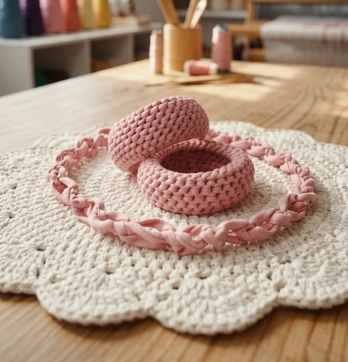 Braceletes e colar em crochê rosa sobre toalha artesanal