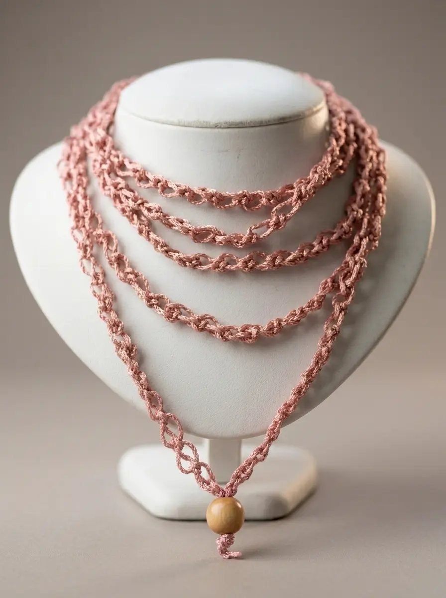Colar longo em crochê rosa com pingente de madeira