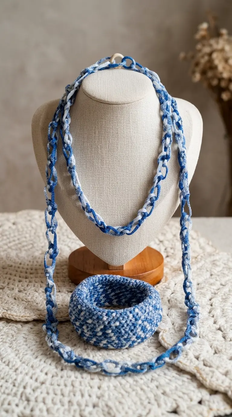 Colar e bracelete em crochê azul mesclado