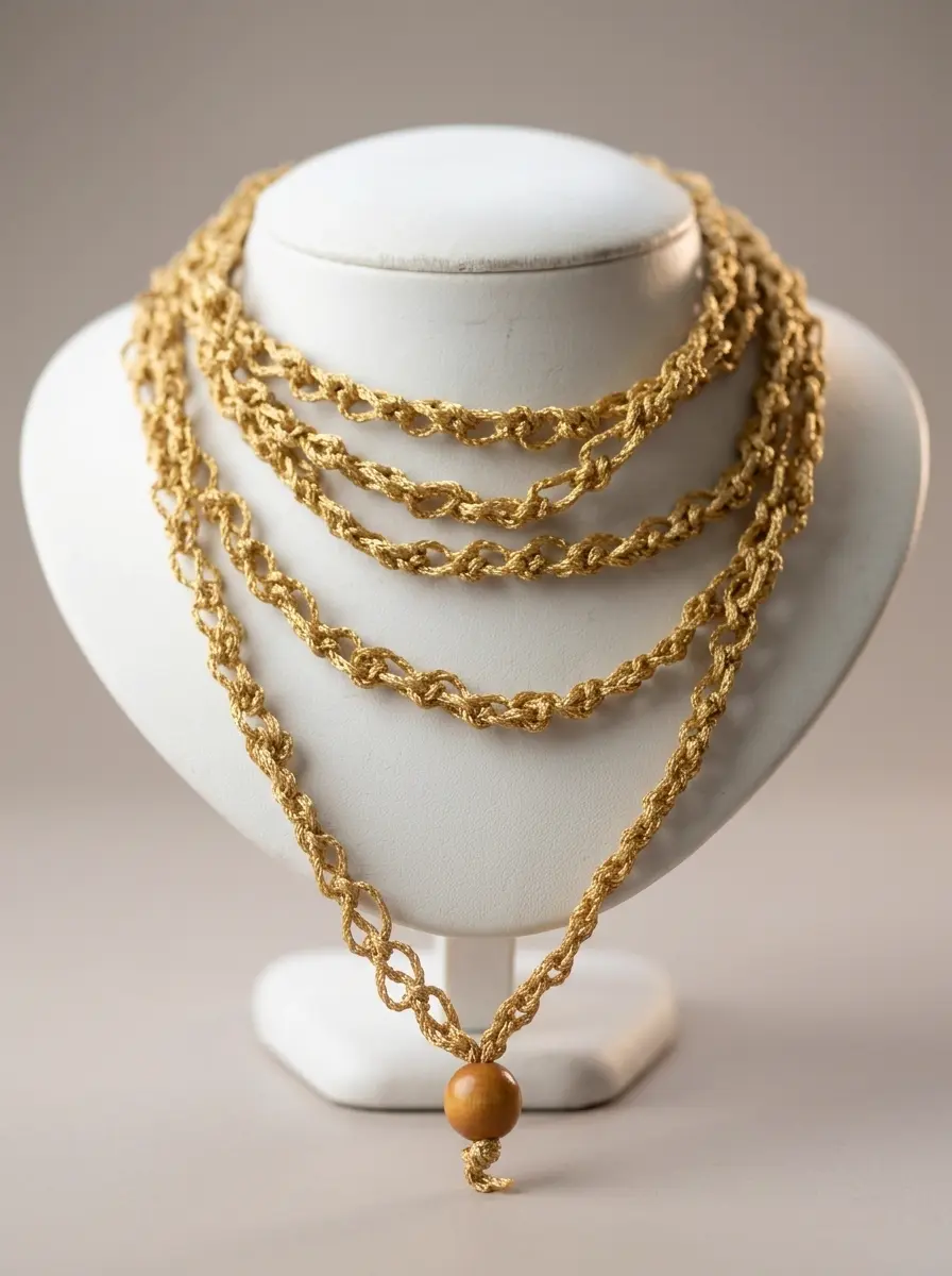 Colar longo em crochê dourado com pingente de madeira