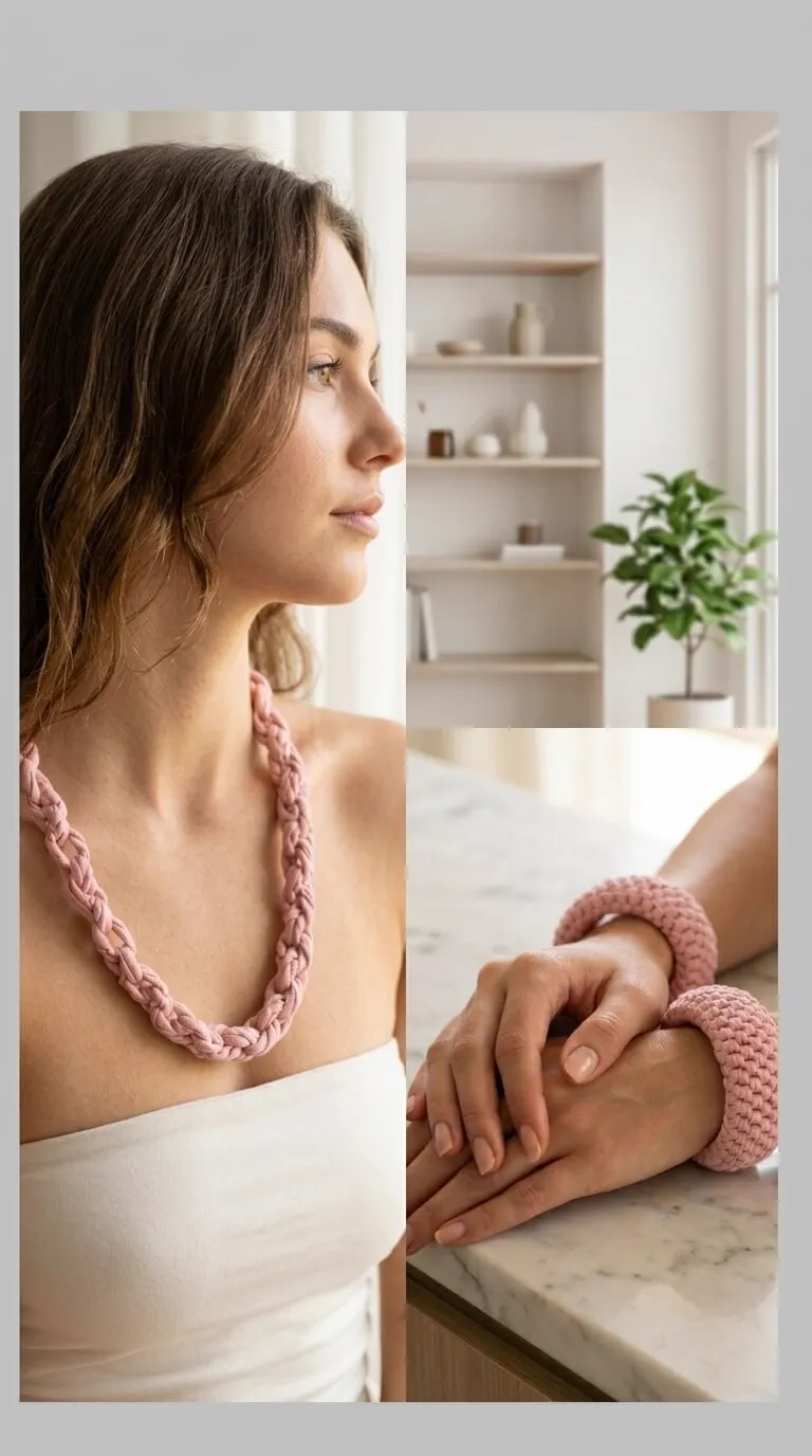 Modelo usando colar e bracelete em crochê rosa
