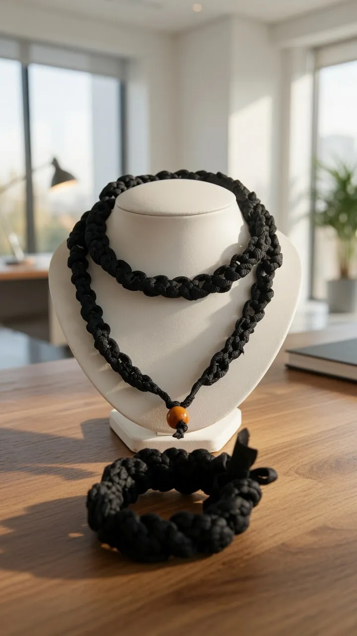 Colar e bracelete em crochê preto com pingente de madeira