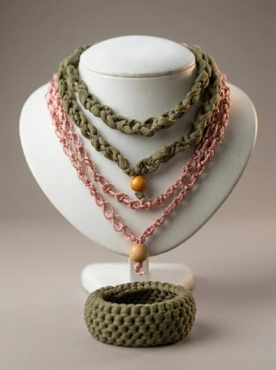 Colares em crochê verde oliva e rosa com bracelete sage