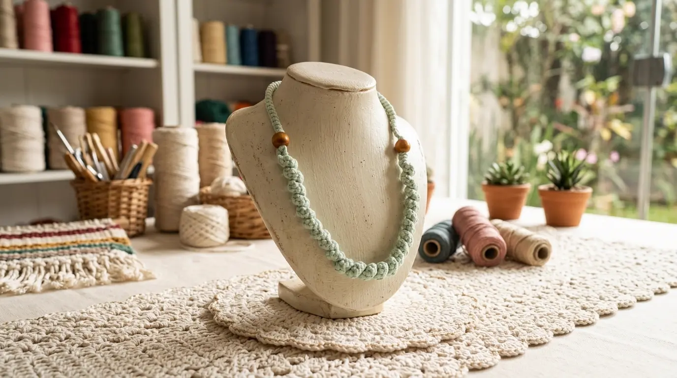 Colar em crochê verde menta exposto no ateliê