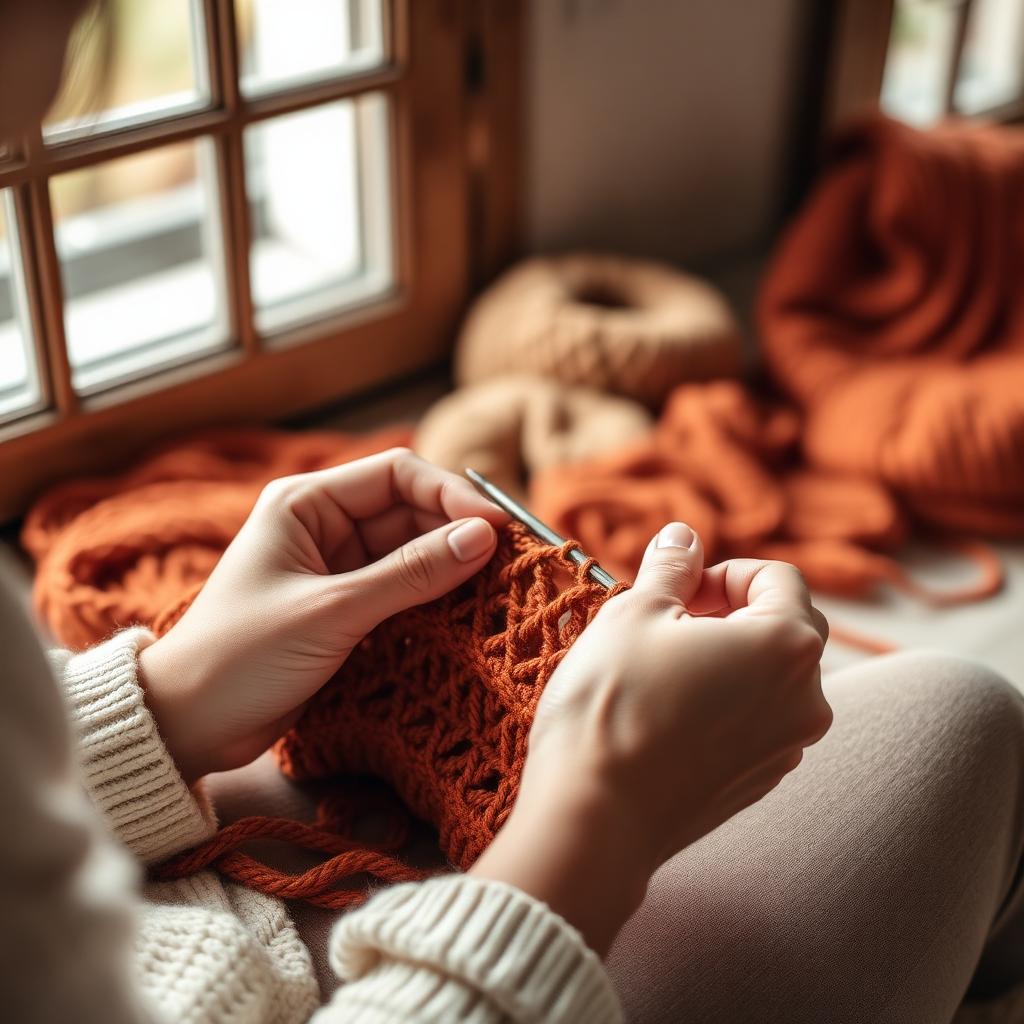 Mãos crochetando uma peça em fio terracota