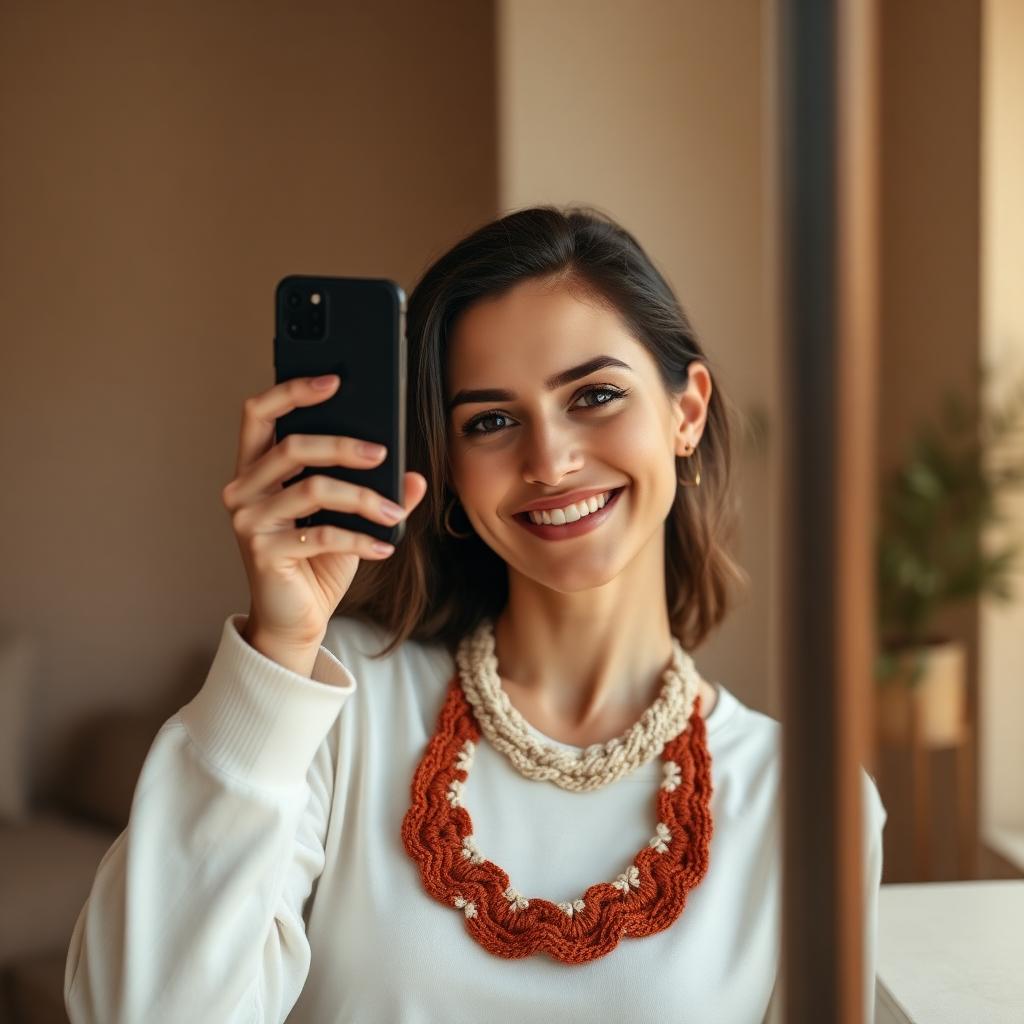 Modelo tirando selfie usando colar de crochê ViHê